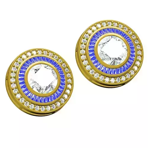 Round Diamond Halo and Blue Baguette Halo Stud Earring