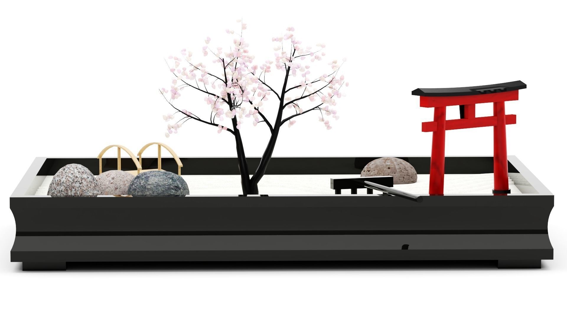 Miniature zen garden with gemstone tree torii and wooden bridge 3D ...