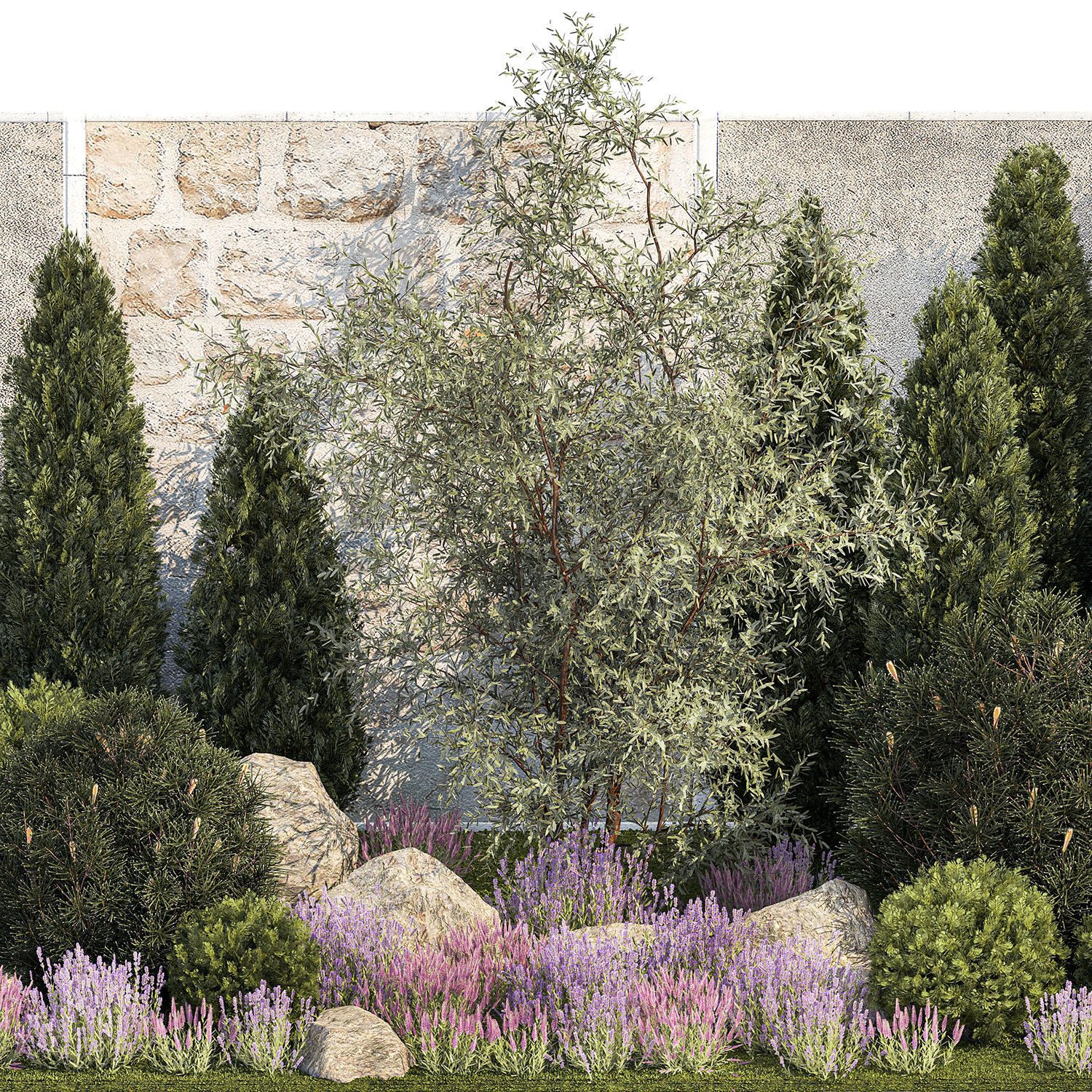 Garden with alpine slide bushes of thuja and lavender 1265 3D model_11