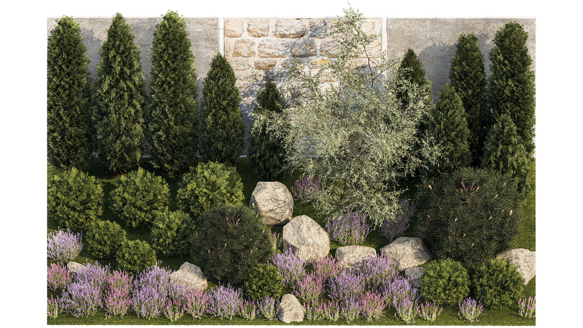 Garden with alpine slide bushes of thuja and lavender 1265 3D model_3