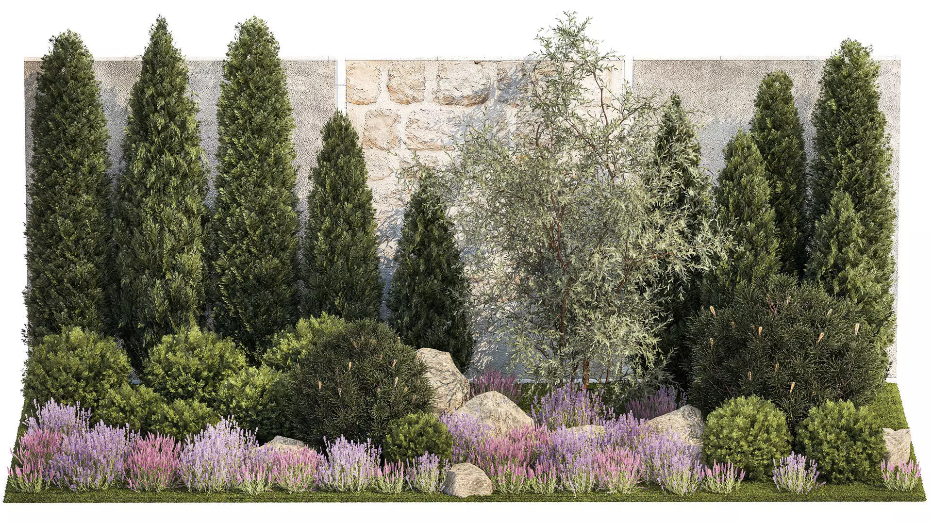 Garden with alpine slide bushes of thuja and lavender 1265 3D model_0