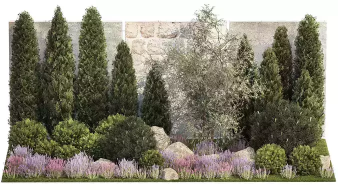 Garden with alpine slide bushes of thuja and lavender 1265 3D model