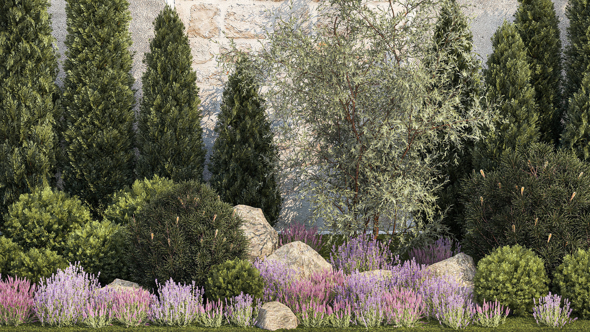 Garden with alpine slide bushes of thuja and lavender 1265 3D model_1