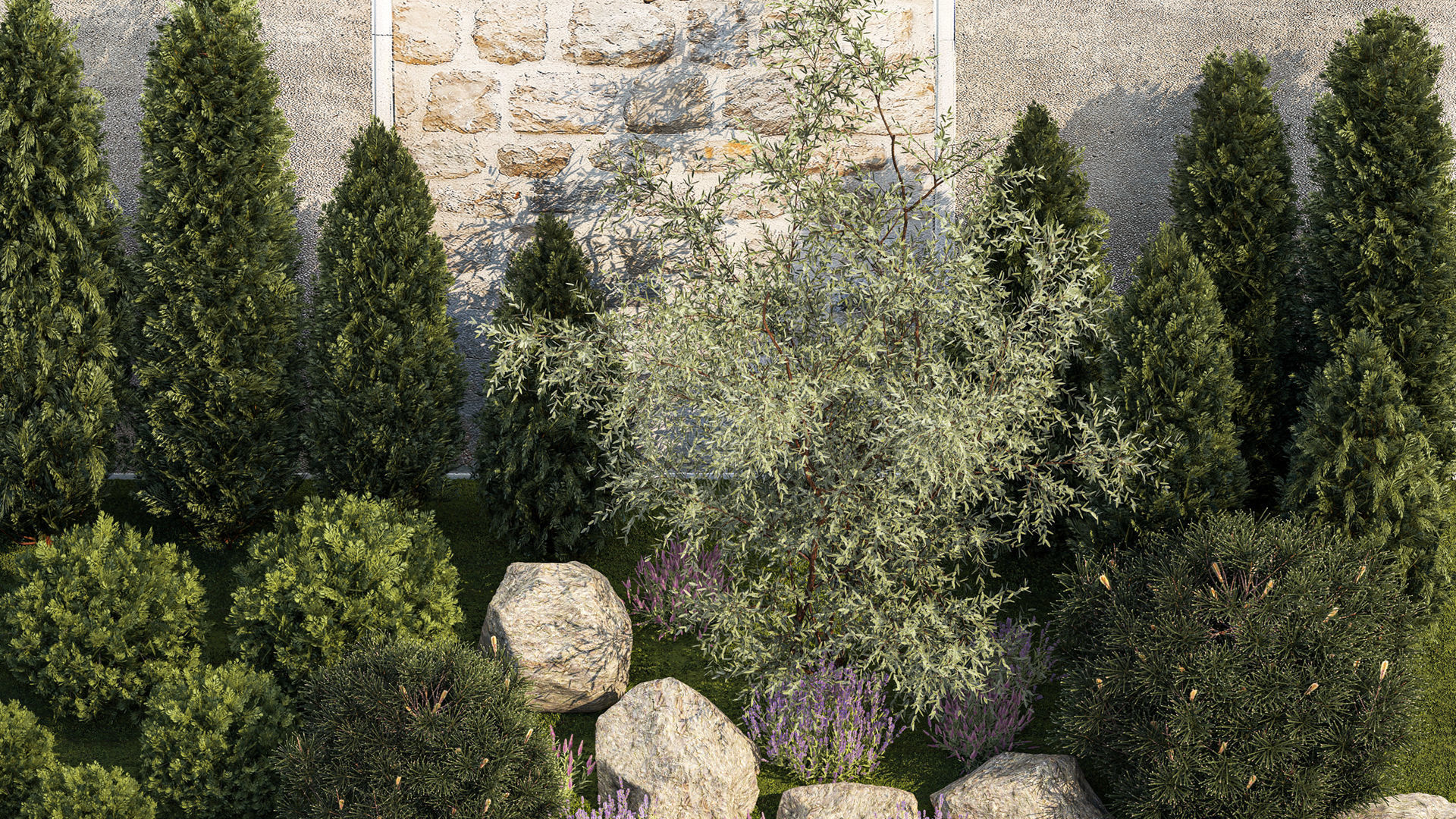 Garden with alpine slide bushes of thuja and lavender 1265 3D model_6