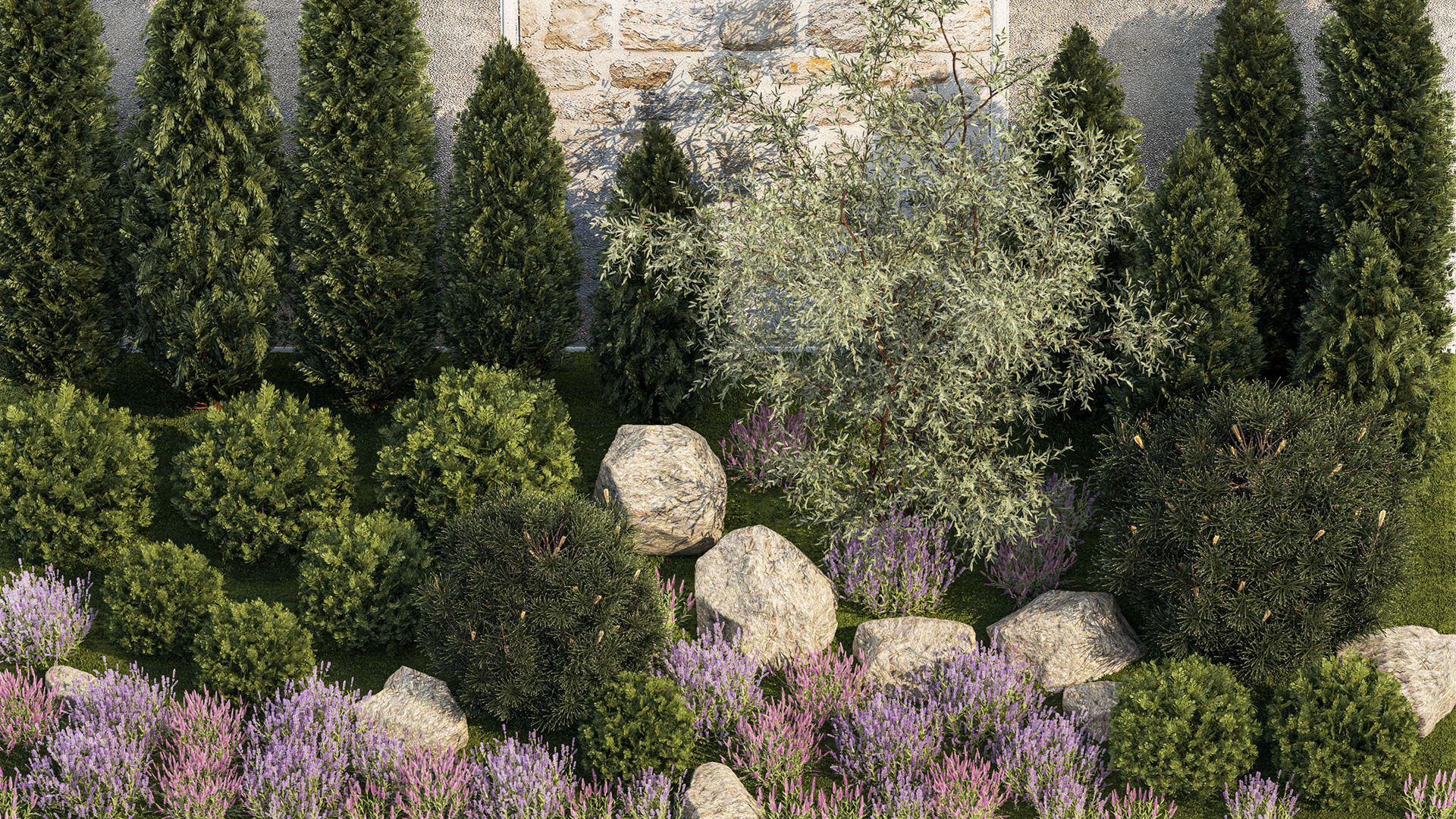 Garden with alpine slide bushes of thuja and lavender 1265 3D model_2