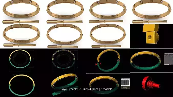 Love Bracelet 7 Sizes 4 Gem 3D Model Collection