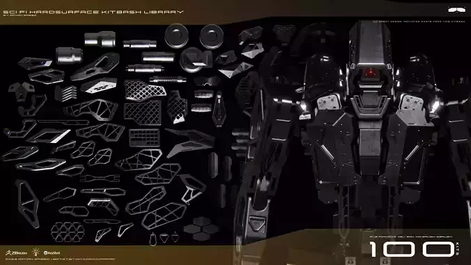 SCI-FI Hard Surface Kitbash Library for Mech Design - 100 Assets 3D model