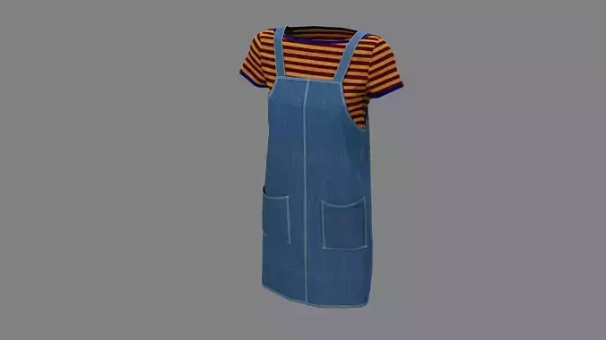 Denim overall dress with T shirt 3D model