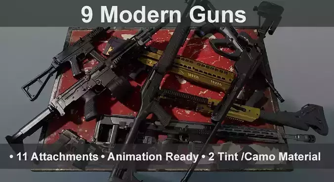 9 Modern Firearms Pack - AAA - Game Ready - Rigged Low-poly 3D model
