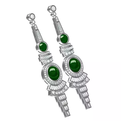 Green Cabochon and Baguette Set Long Earring