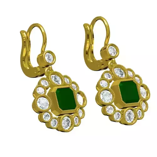 Green Emerald Round Diamond Bazel Set Flower Earring