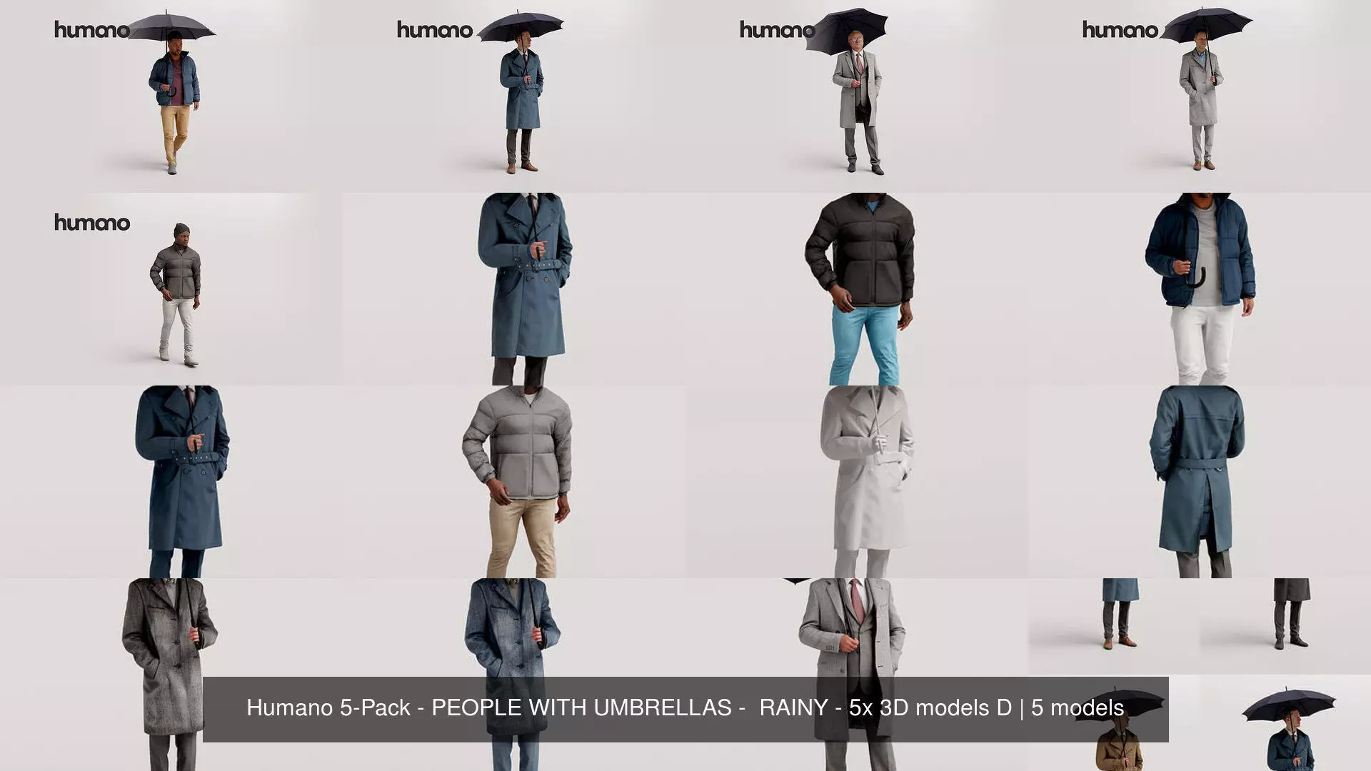 Humano 5-Pack - PEOPLE WITH UMBRELLAS -  RAINY - 5x 3D models D 3D Model Collection_1