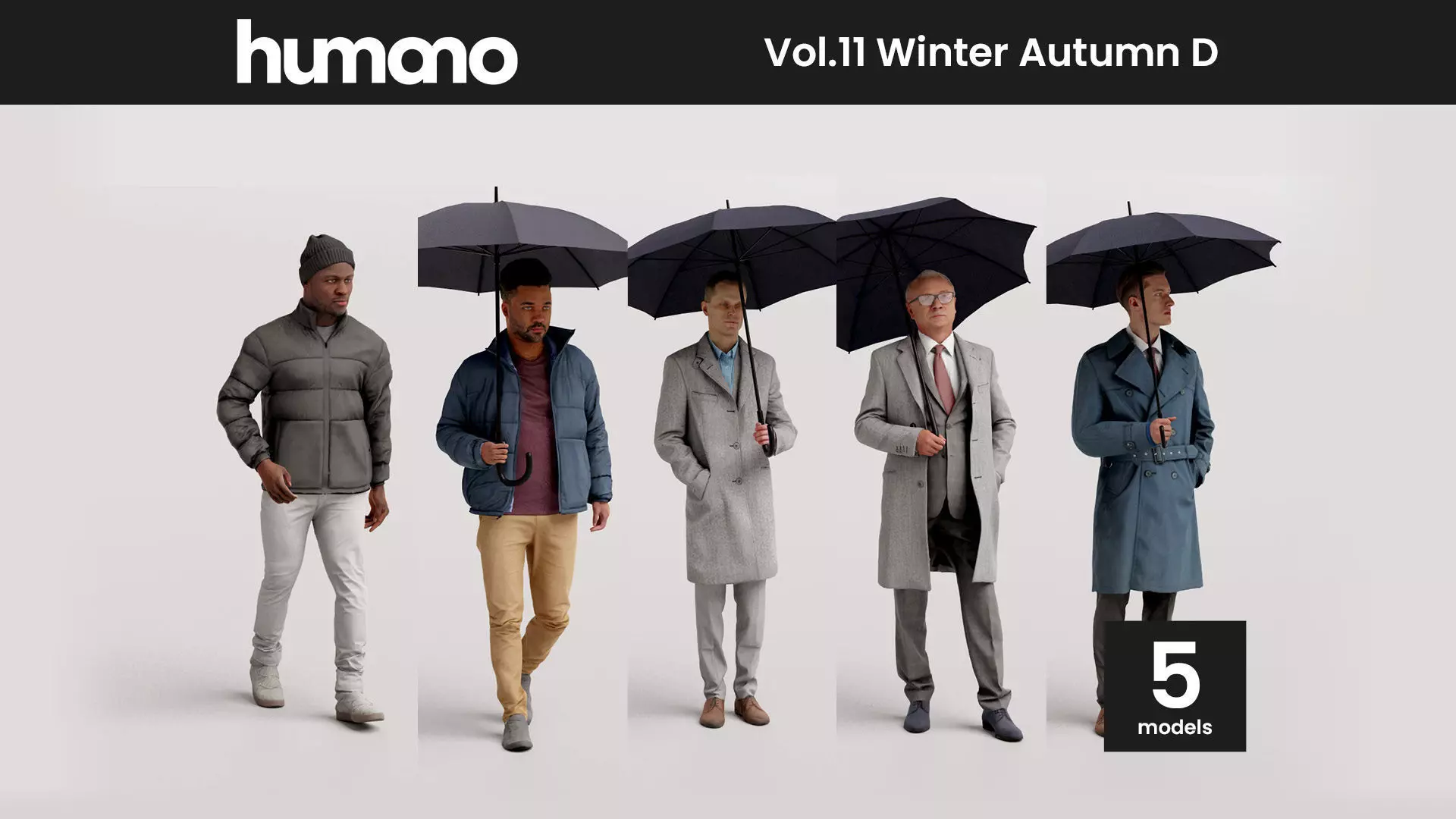 Humano 5-Pack - PEOPLE WITH UMBRELLAS -  RAINY - 5x 3D models D 3D Model Collection_0