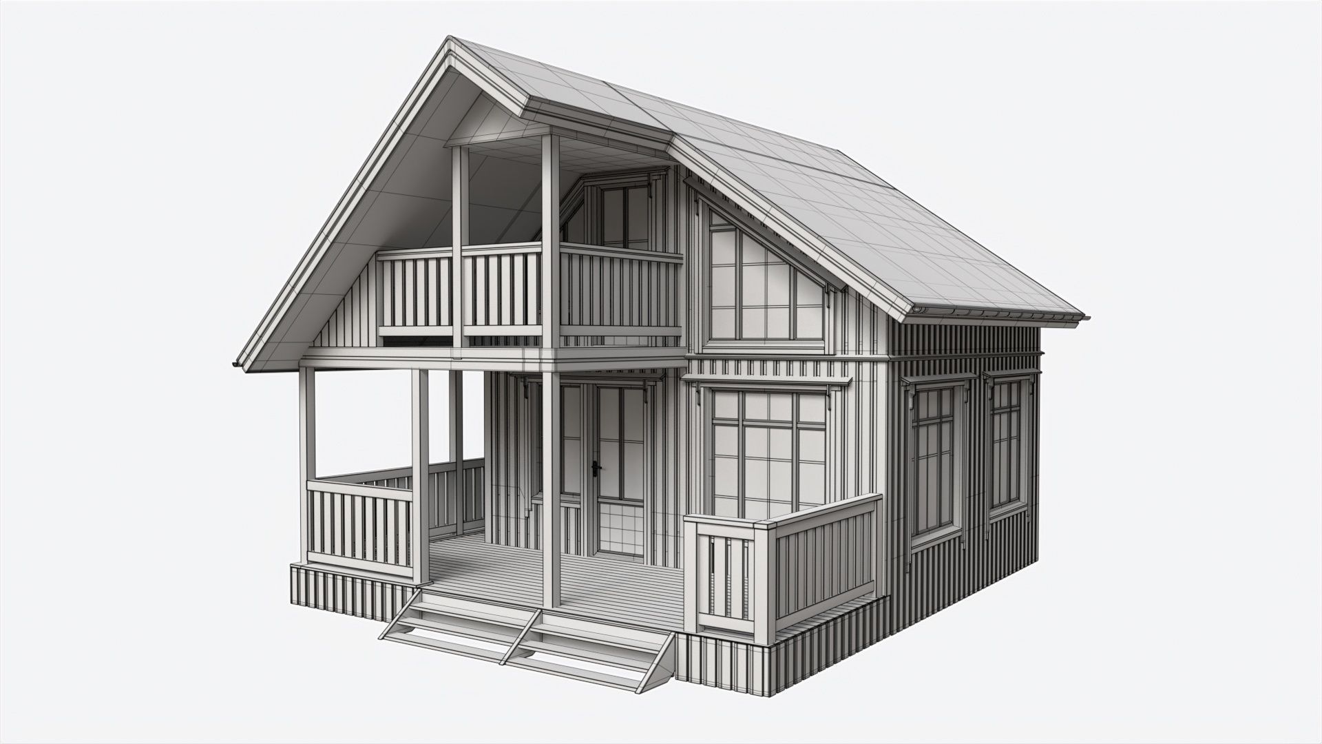 Classic Wooden Two Level House with Terrace 3D model_7