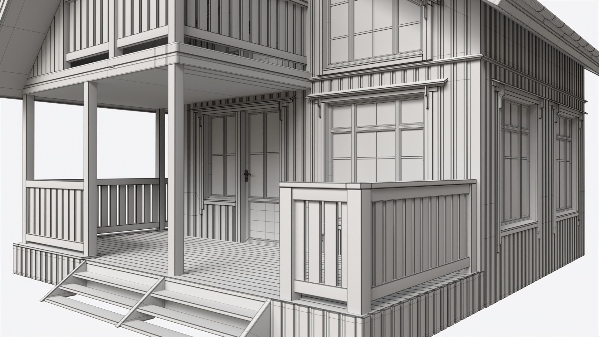 Classic Wooden Two Level House with Terrace 3D model_6