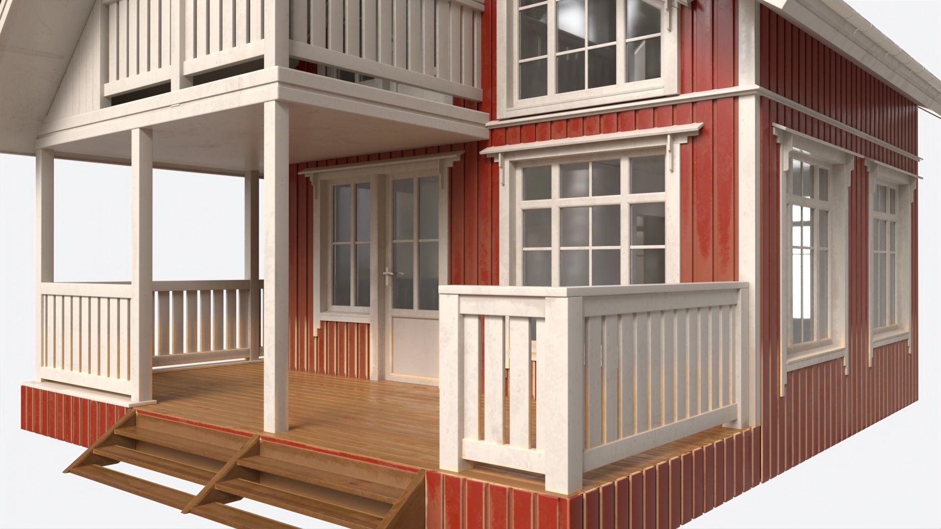 Classic Wooden Two Level House with Terrace 3D model_3