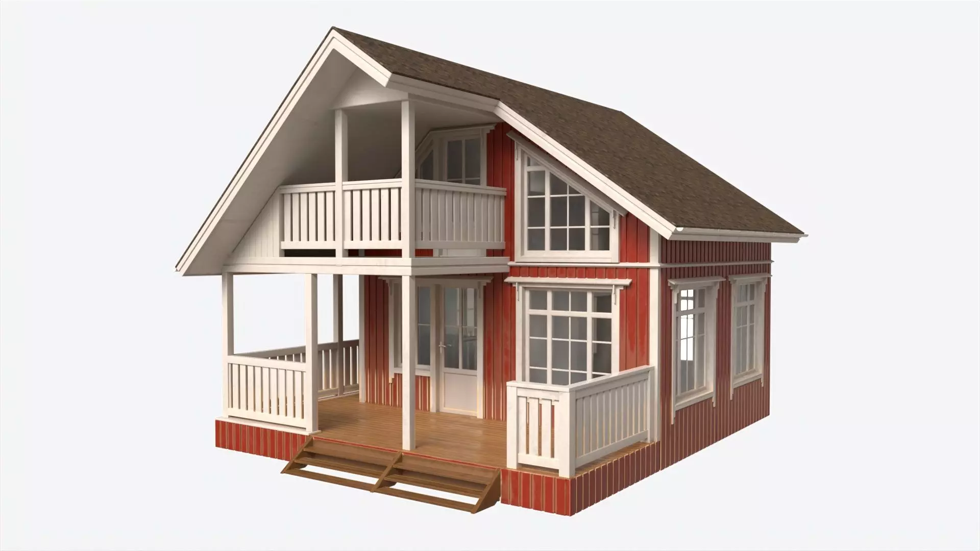 Classic Wooden Two Level House with Terrace 3D model_0
