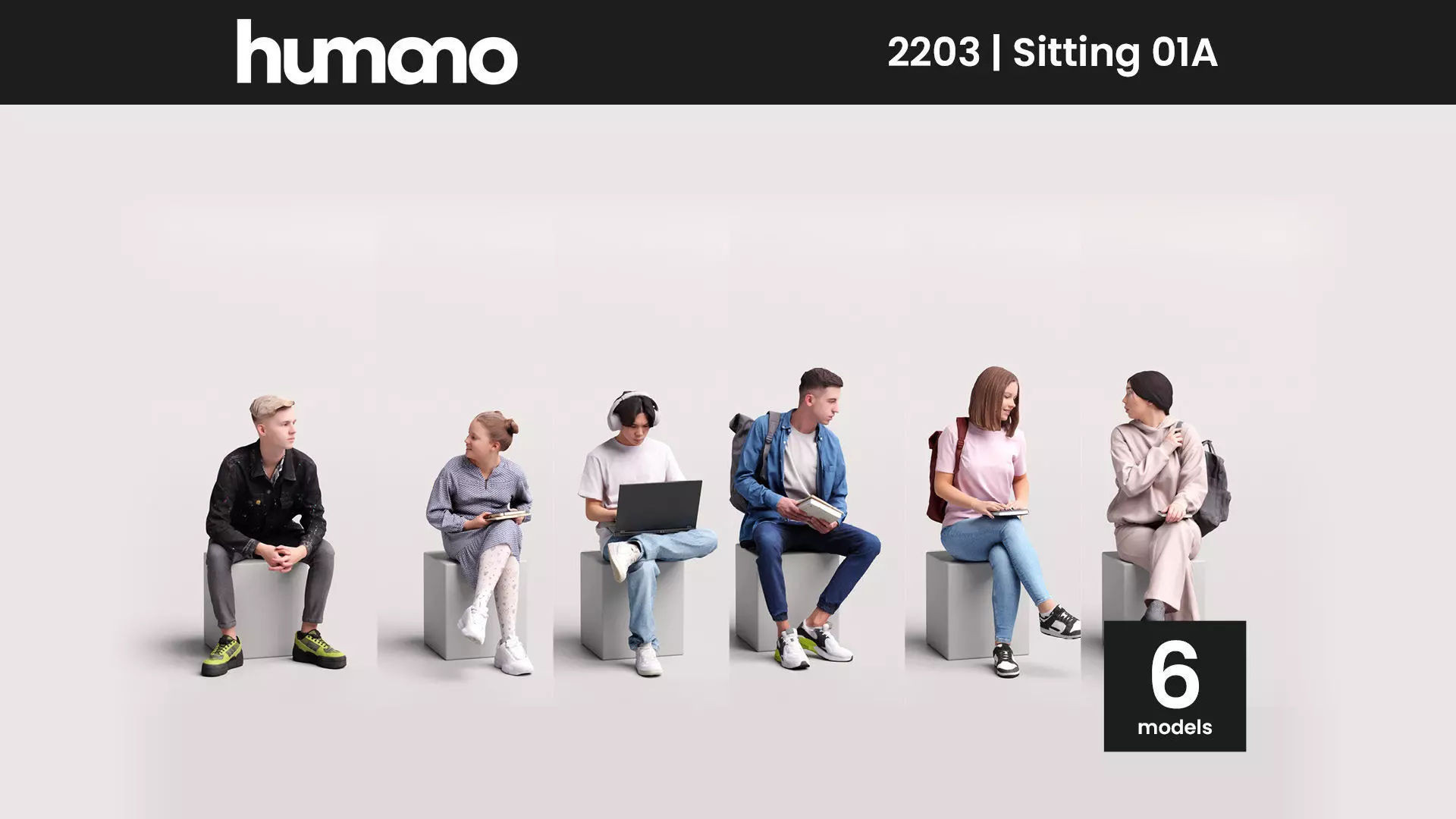 Humano 6-Pack - SITTING SEATED WOMAN MAN PEOPLE - 6x 3D models A 3D Model Collection_0