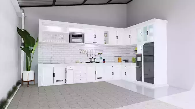 White Letter L Kitchen 3D Design Sketch Up Render Enscape