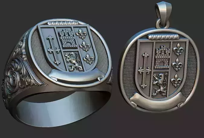 Coat of Arms Ring and Pendant Brasao Castle Lion 3D print model