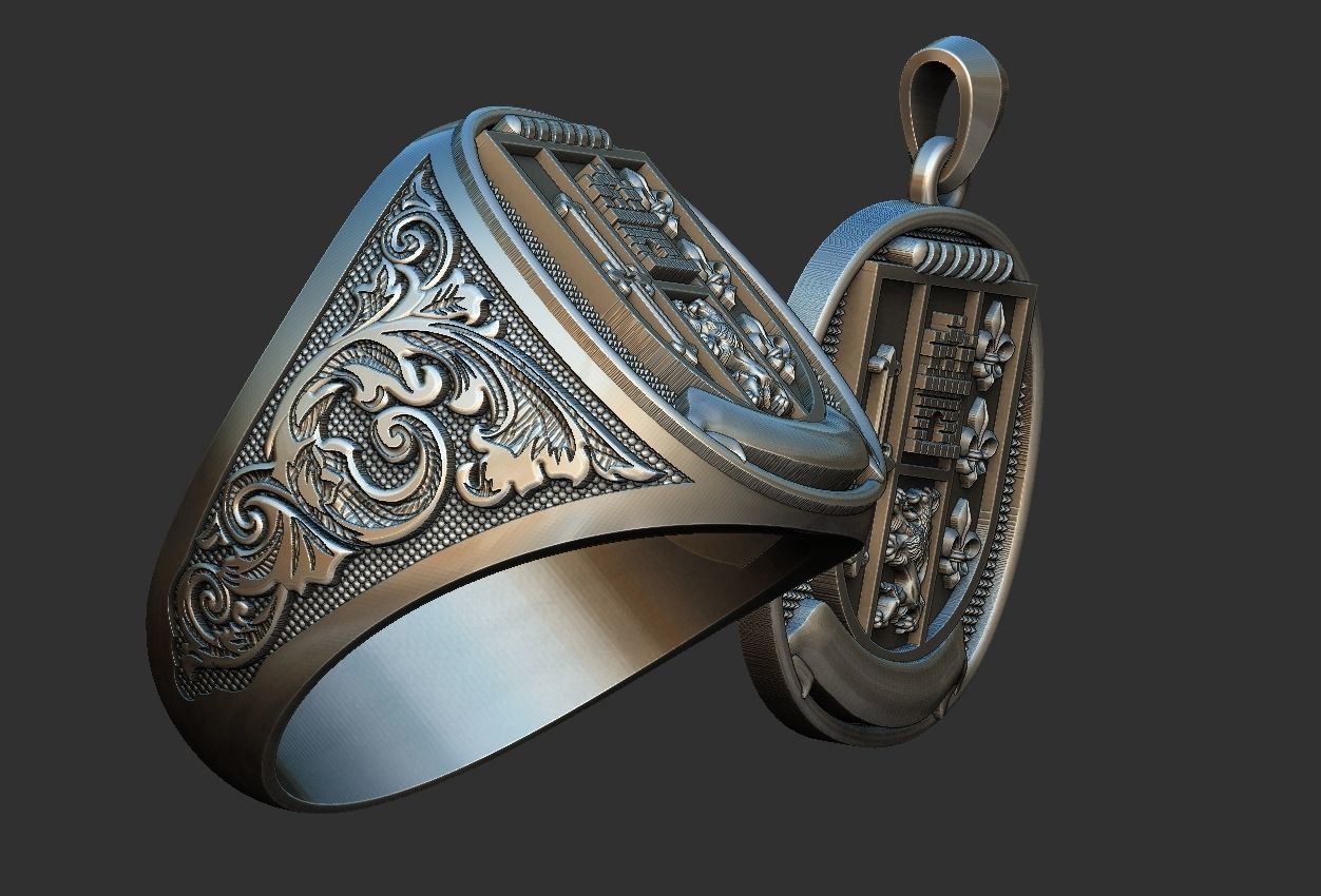 Coat of Arms Ring and Pendant Brasao Castle Lion 3D print model_1