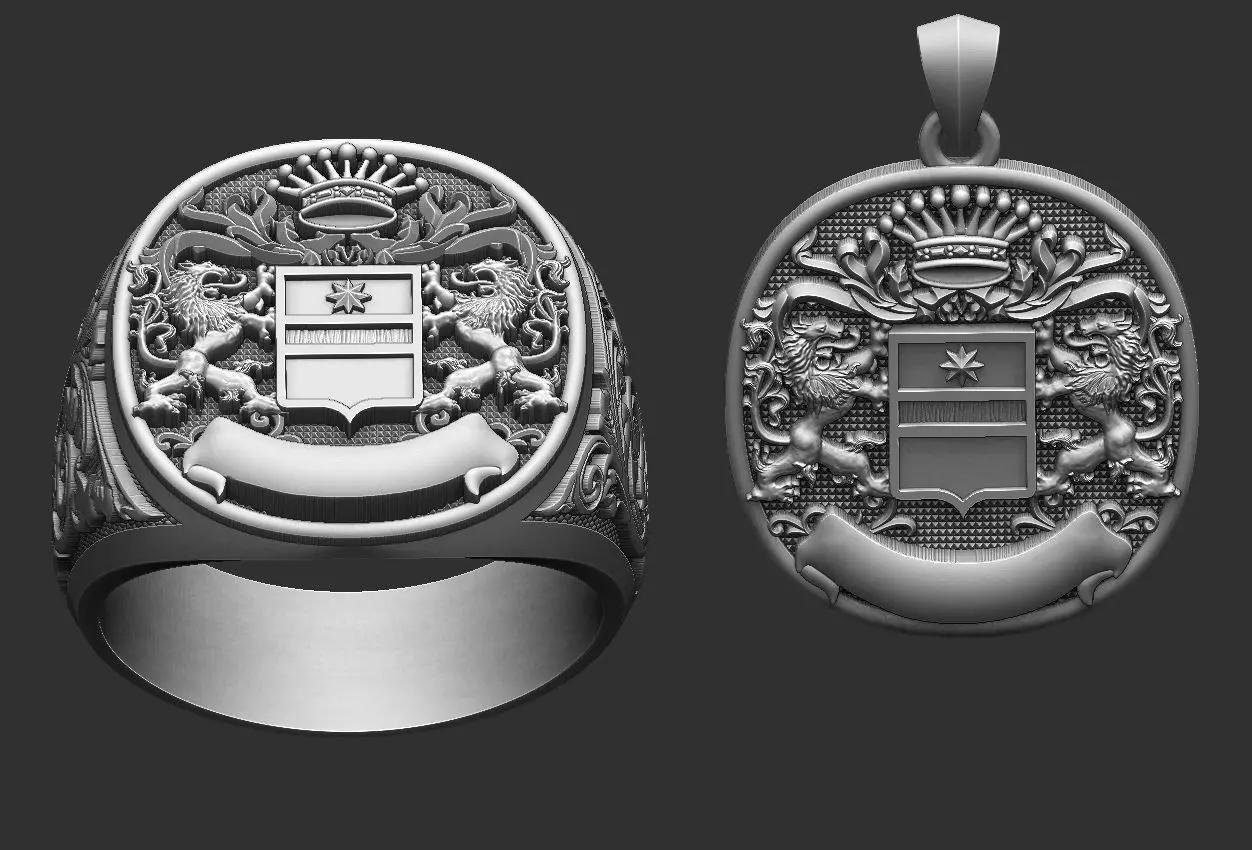 Coat Of Arms Liond Crown - Brasao - Ring and Pendant 3D print model_0