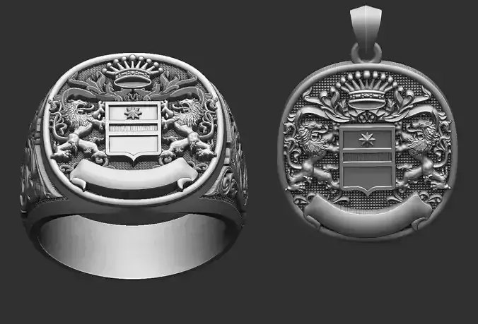 Coat Of Arms Liond Crown - Brasao - Ring and Pendant 3D print model