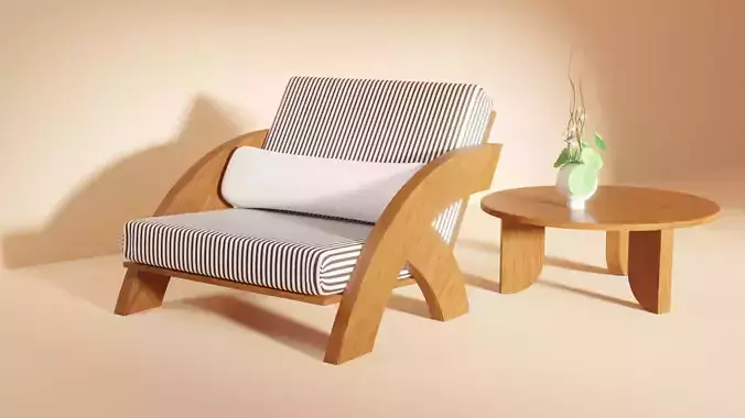 Wooden chair and coffee table with vase and lilies