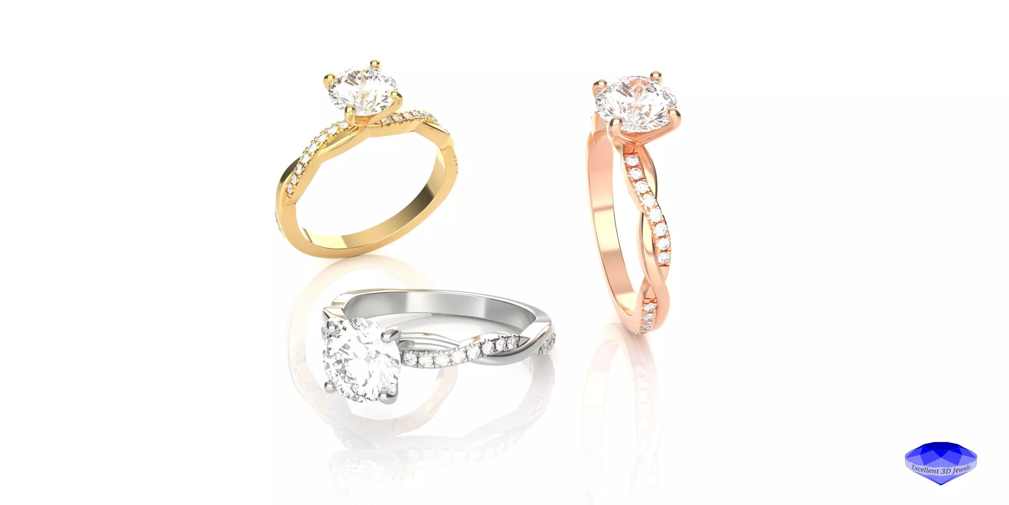 Diamond Solitaire Twisted Ring 3D print model_0