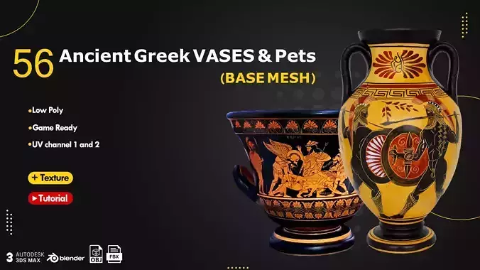 56 Ancient Greek Vases Pets Tutorial Video Low-poly 3D model