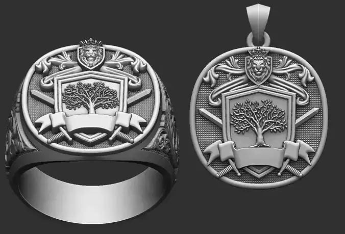 Coat of Arms Lion Tree - Brasao - Ring And Pendant 3D print model