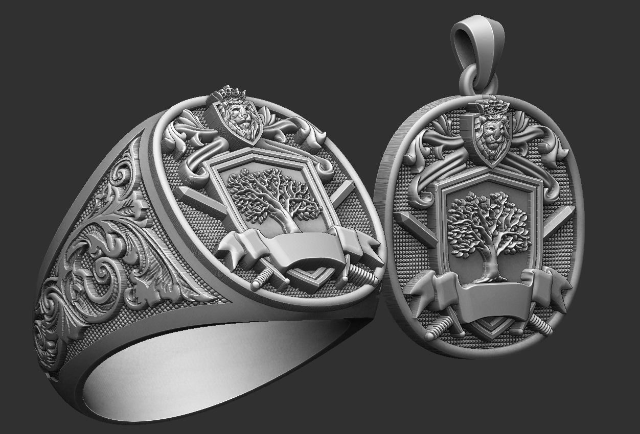 Coat of Arms Lion Tree - Brasao - Ring And Pendant 3D print model_2