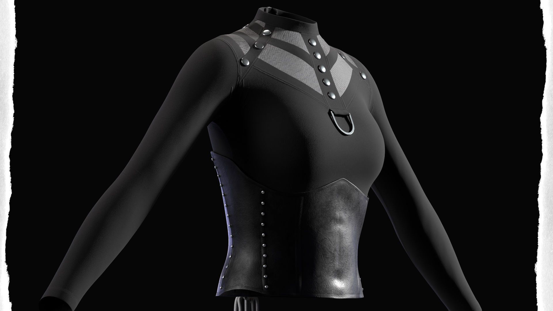 Women Black Gothic Punk Coat-Pants-Tshirt-Corset Low-poly 3D model_8