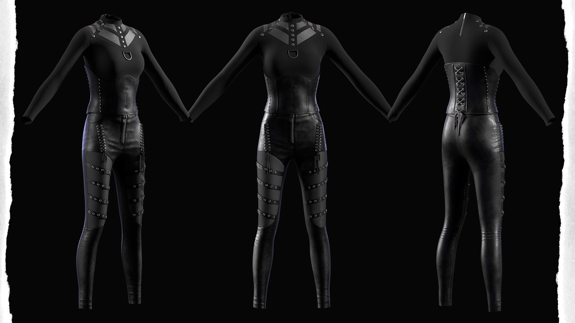 Women Black Gothic Punk Coat-Pants-Tshirt-Corset Low-poly 3D model_5