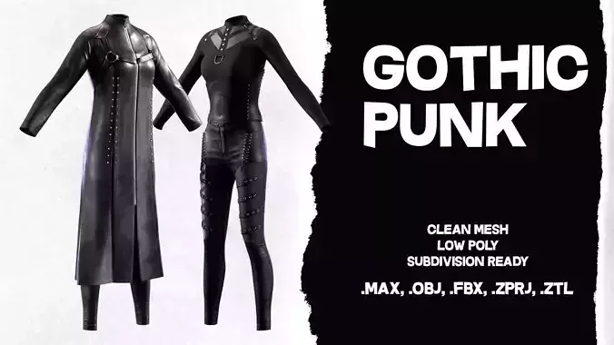 Women Black Gothic Punk Coat-Pants-Tshirt-Corset Low-poly 3D model