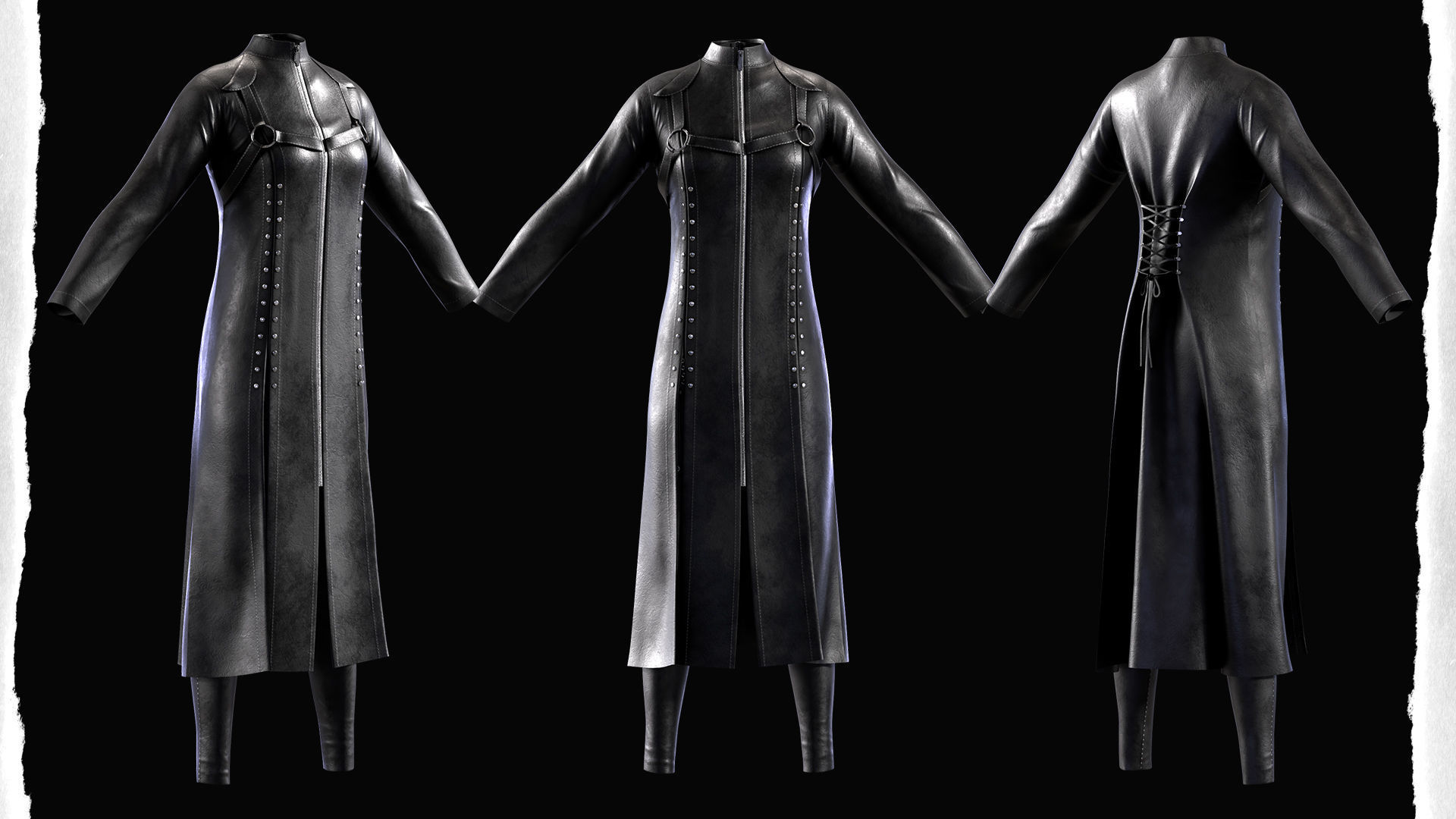 Women Black Gothic Punk Coat-Pants-Tshirt-Corset Low-poly 3D model_4