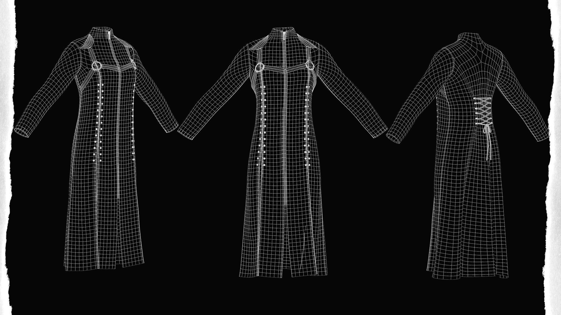 Women Black Gothic Punk Coat-Pants-Tshirt-Corset Low-poly 3D model_9