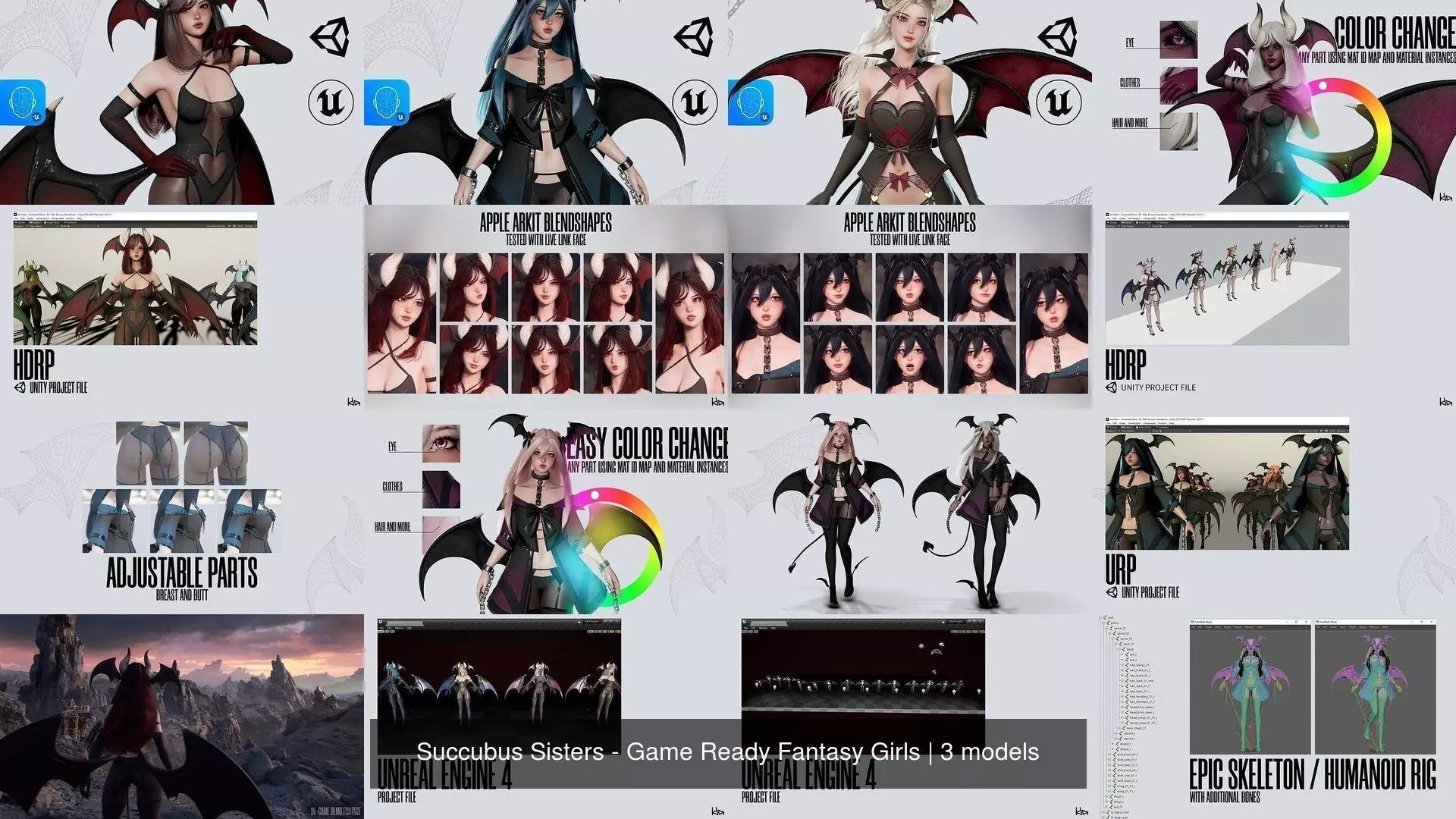 Succubus Sisters - Game Ready Fantasy Girls 3D Model Collection_4