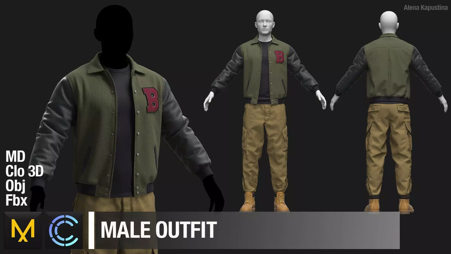 Male outfit Bomber jacket Pant Shoes Marvelous Designer project 3D model_0