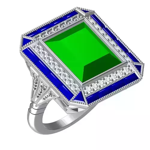 Green Stone Round and Baguette Halo Art Deco Style Ring