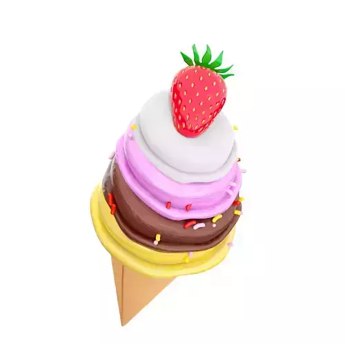 3d  cream ice cream with waffle peel and strawberries icon