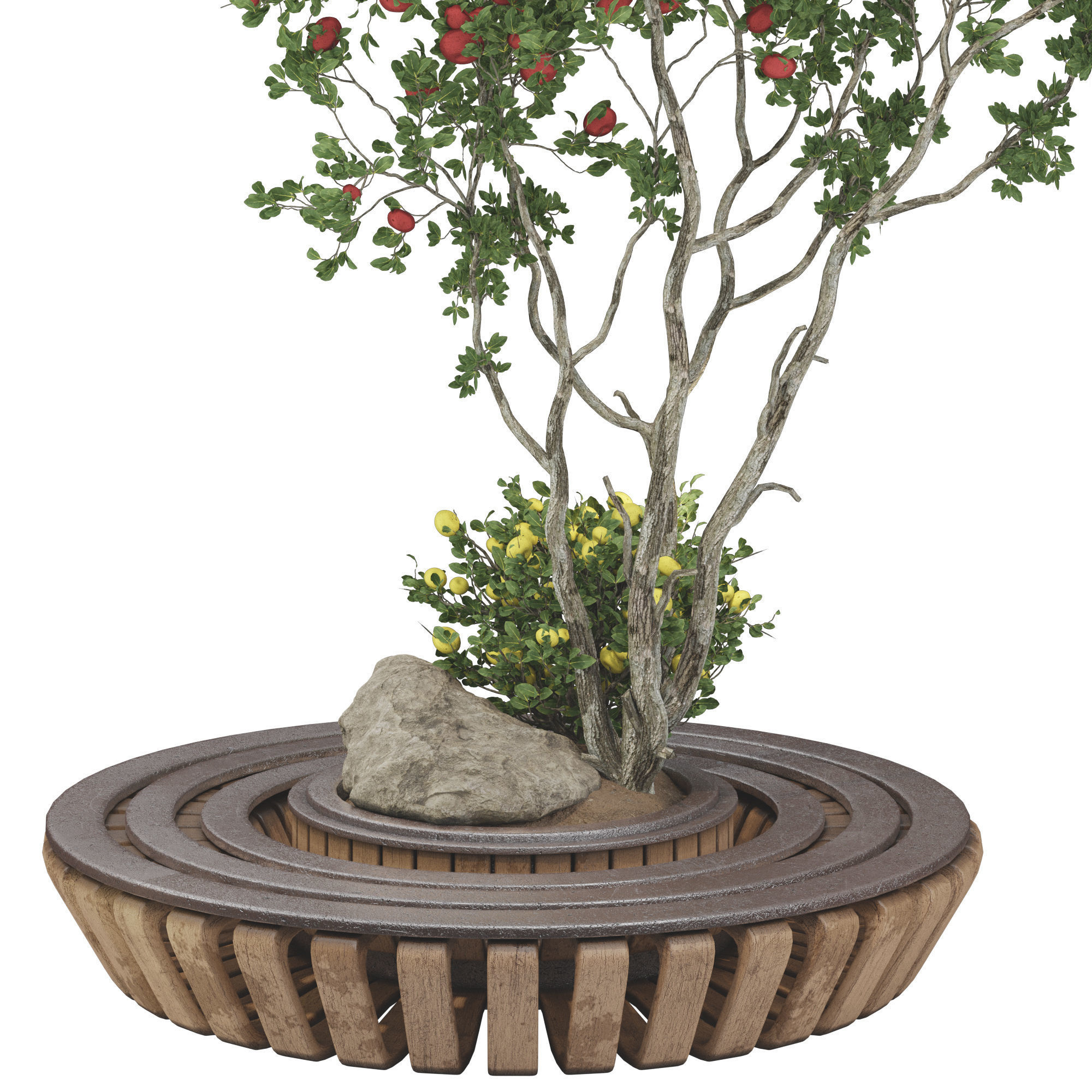 Garden Bench Apple Tree and Bush 118 3D model_3