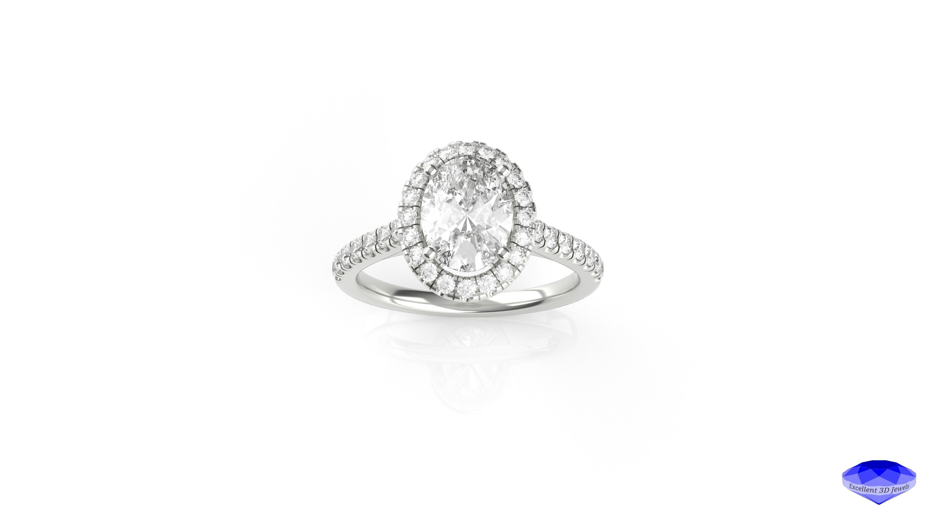 Oval Diamond Halo Engagement Ring  3D print model_1