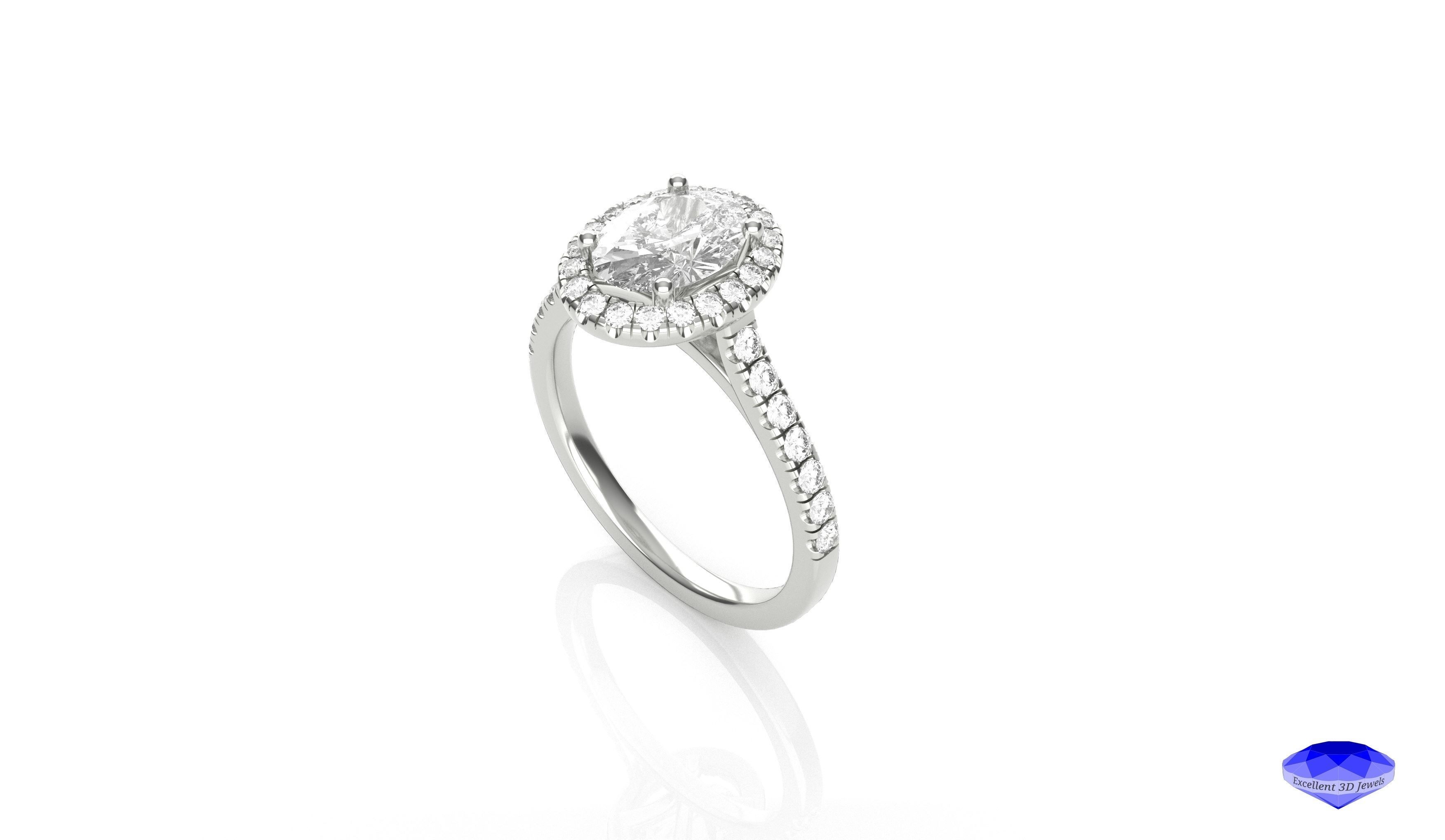 Oval Diamond Halo Engagement Ring  3D print model_3