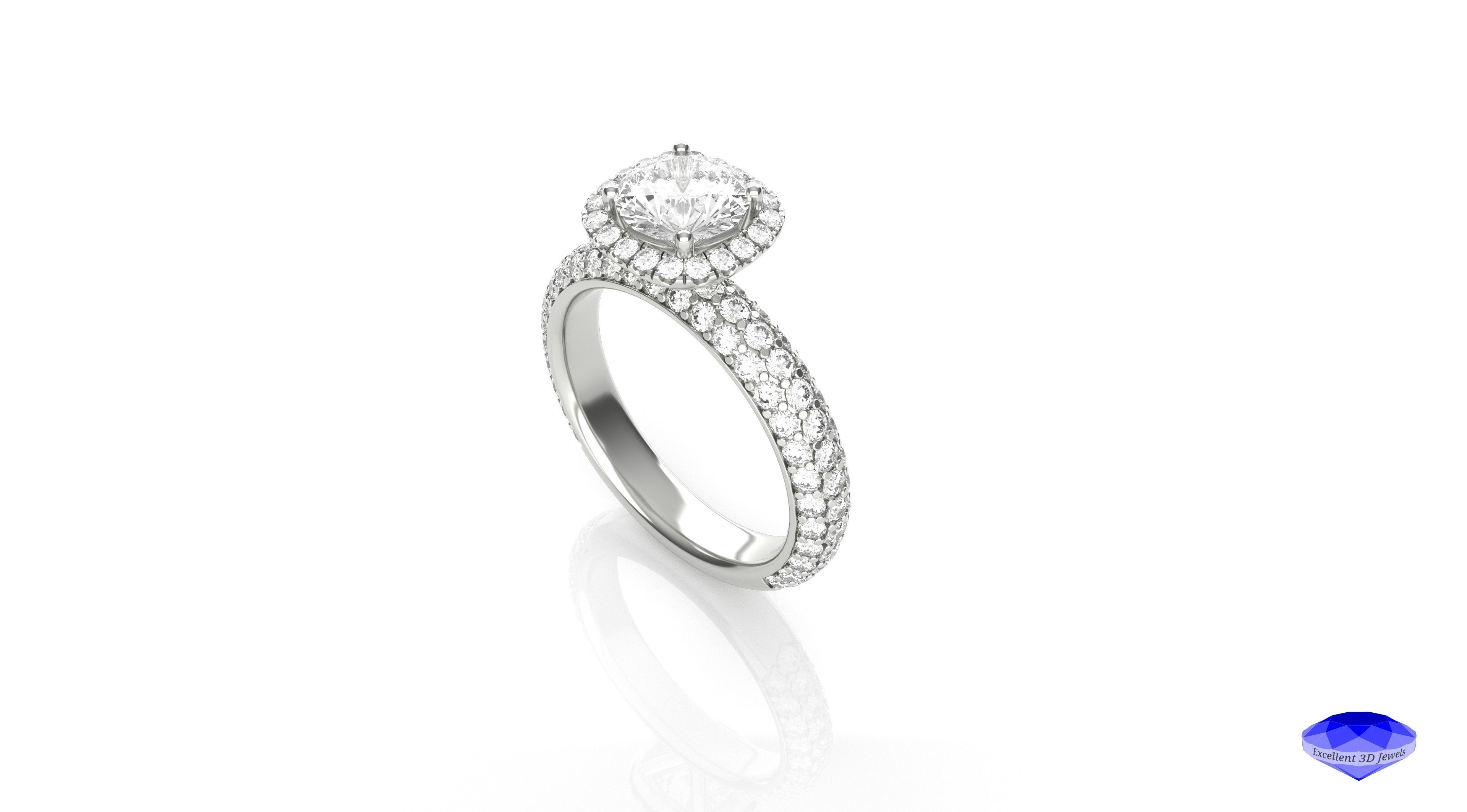 Cushion Halo Pave Engagement Ring  3D print model_3