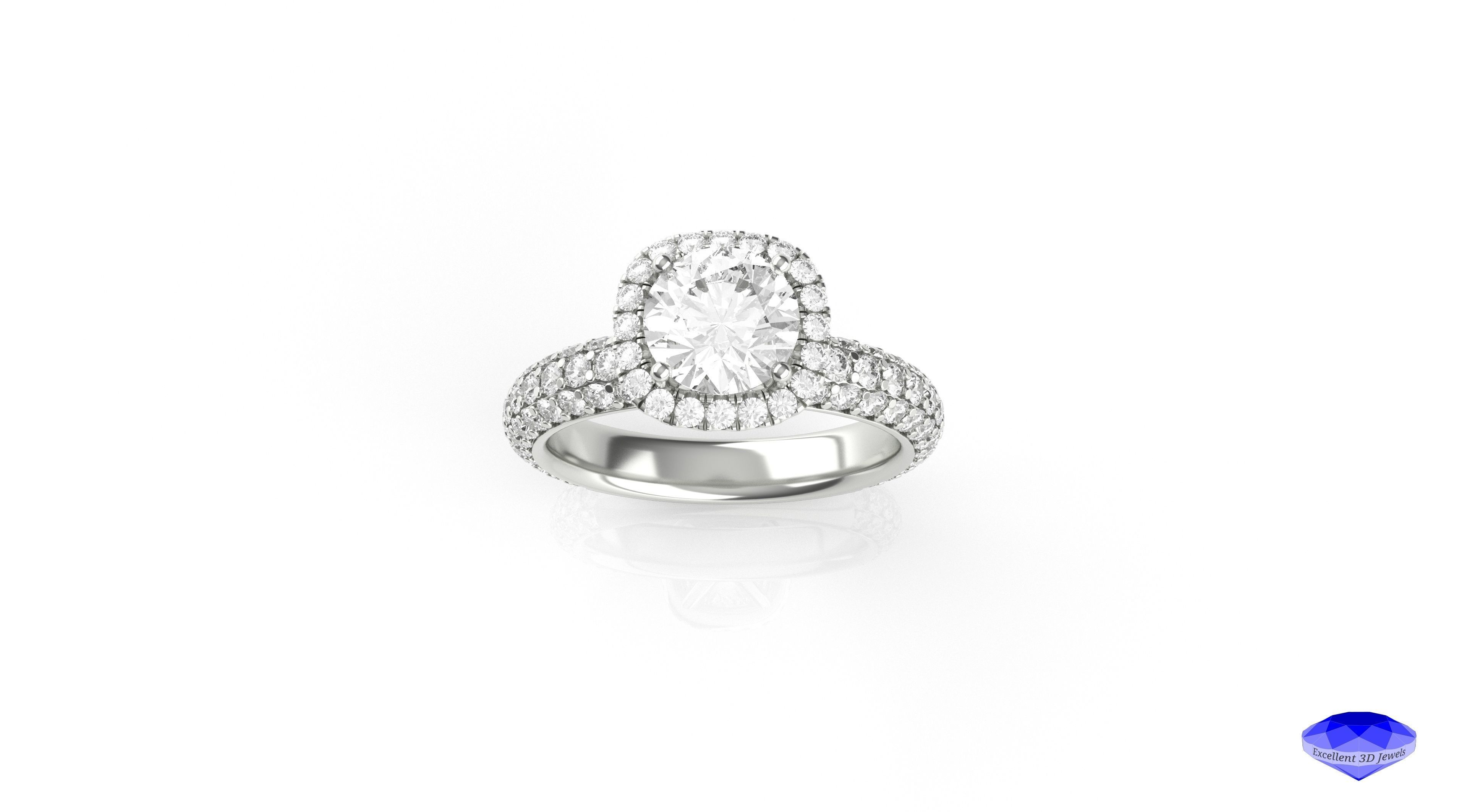Cushion Halo Pave Engagement Ring  3D print model_1