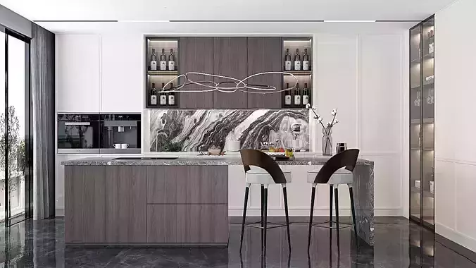 Modern Kitchen 038 with island Refrigerator oven model 3D model