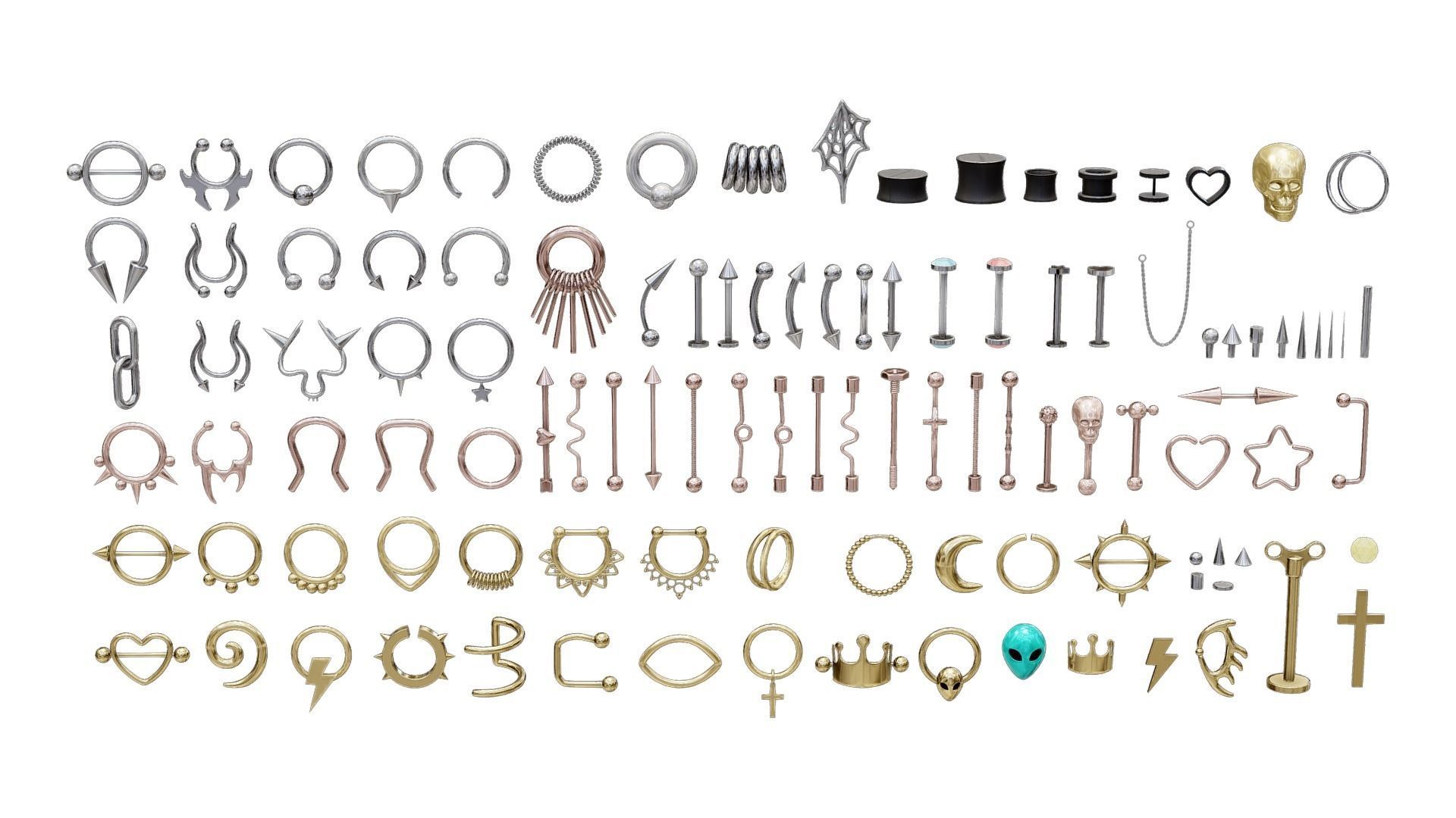 Piercing Mega Pack - 100 Pieces in 1 Low-poly 3D model_3