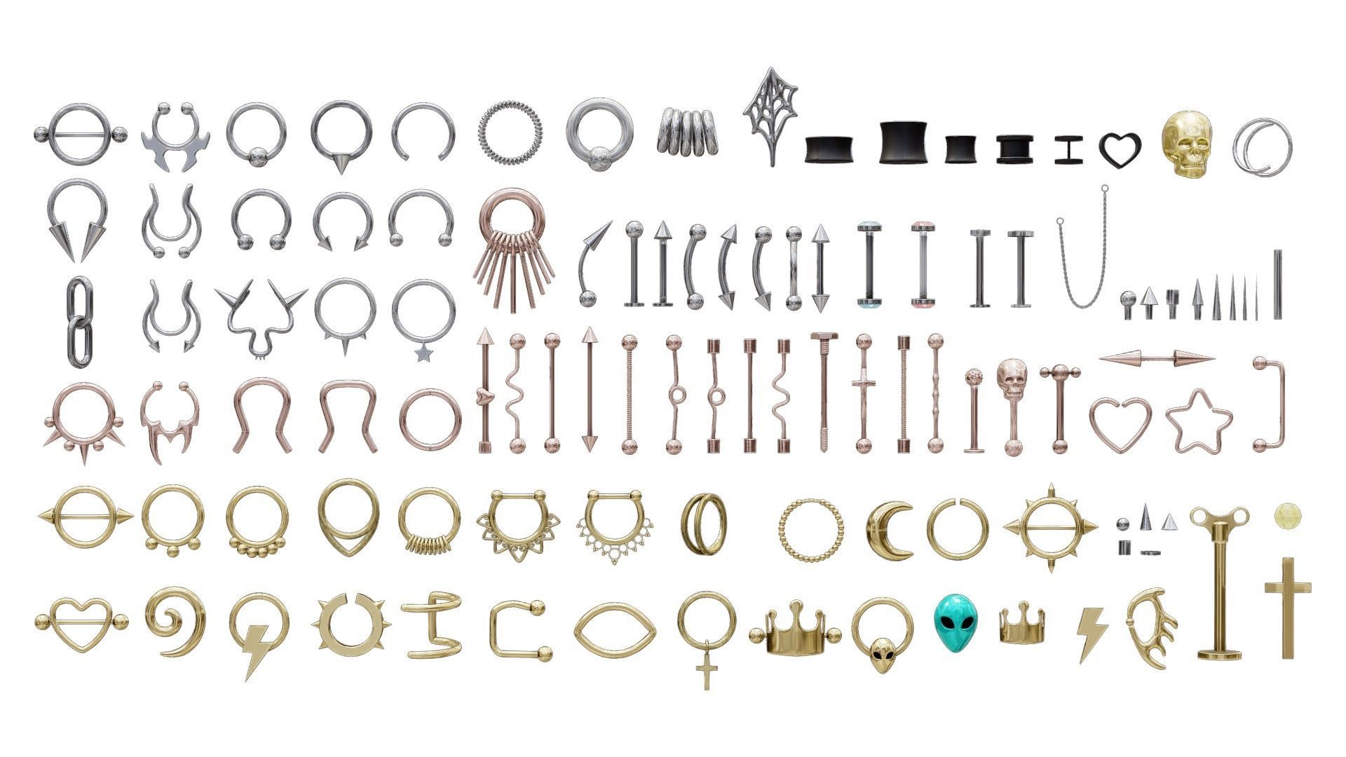 Piercing Mega Pack - 100 Pieces in 1 Low-poly 3D model_2