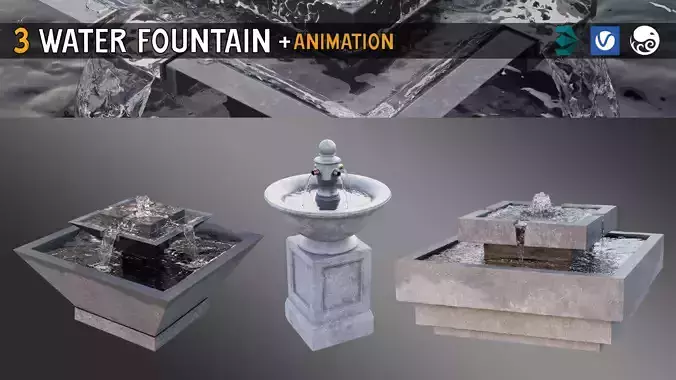 3 Animated Water Fountain Set 3D model